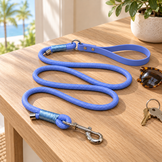 Periwinkle Riviera Lead rope dog leash on an oak entryway table with sunglasses and keys